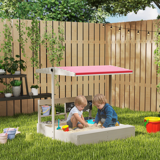 Kids Wooden Sandbox w/ Canopy, Kitchen Toys, Seat, Storage, for Outdoor