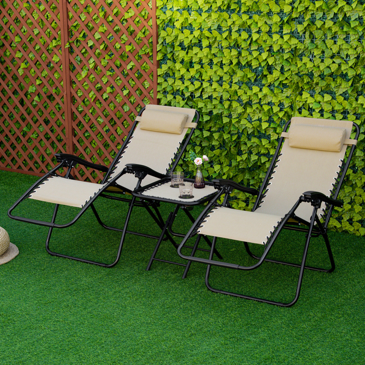Zero Gravity Chairs Sun Lounger Table Set w/ Cup Holders, Beige 3PC