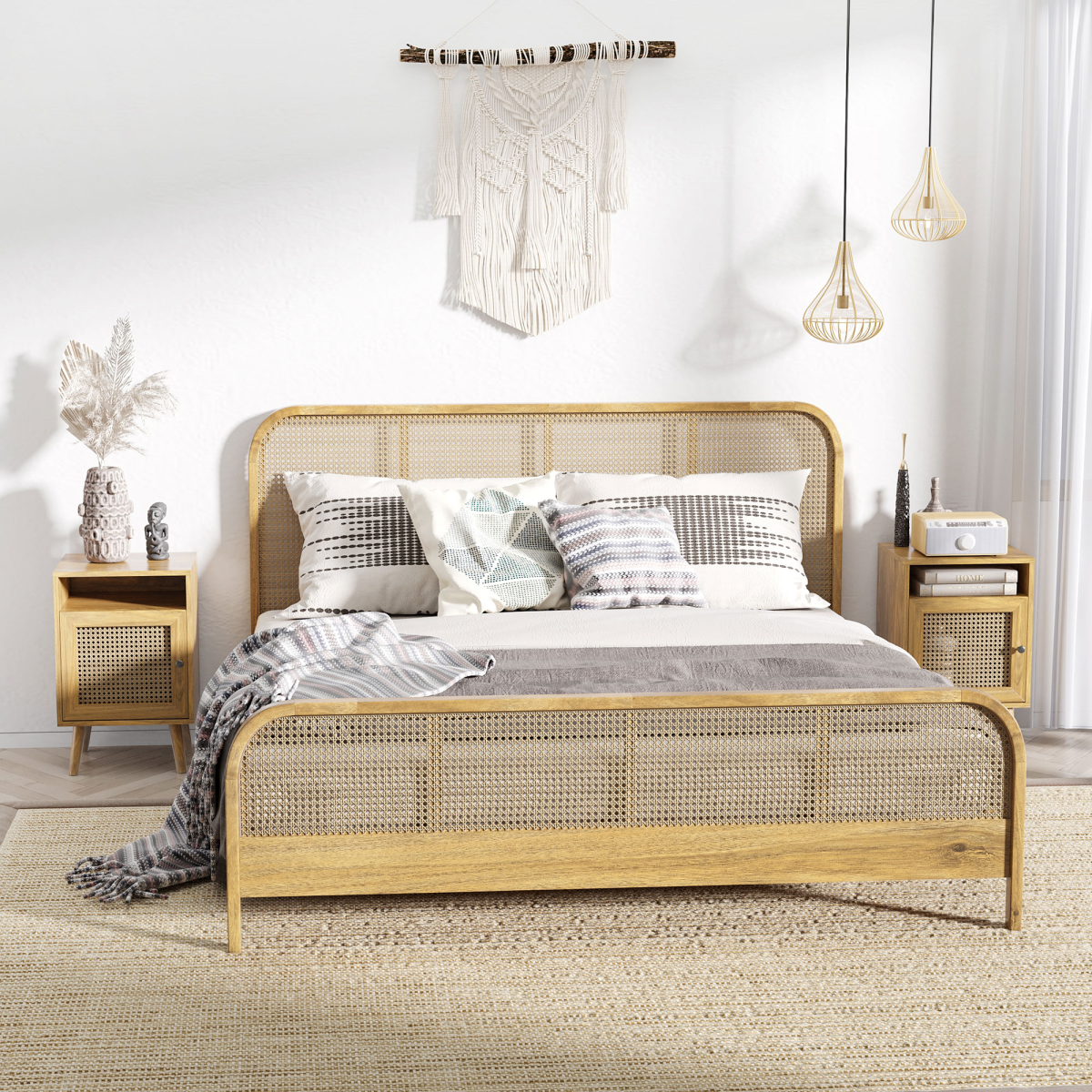 Nightstand, Rattan Bedside Table, Sofa Side Table w/ Cabinet, Shelf
