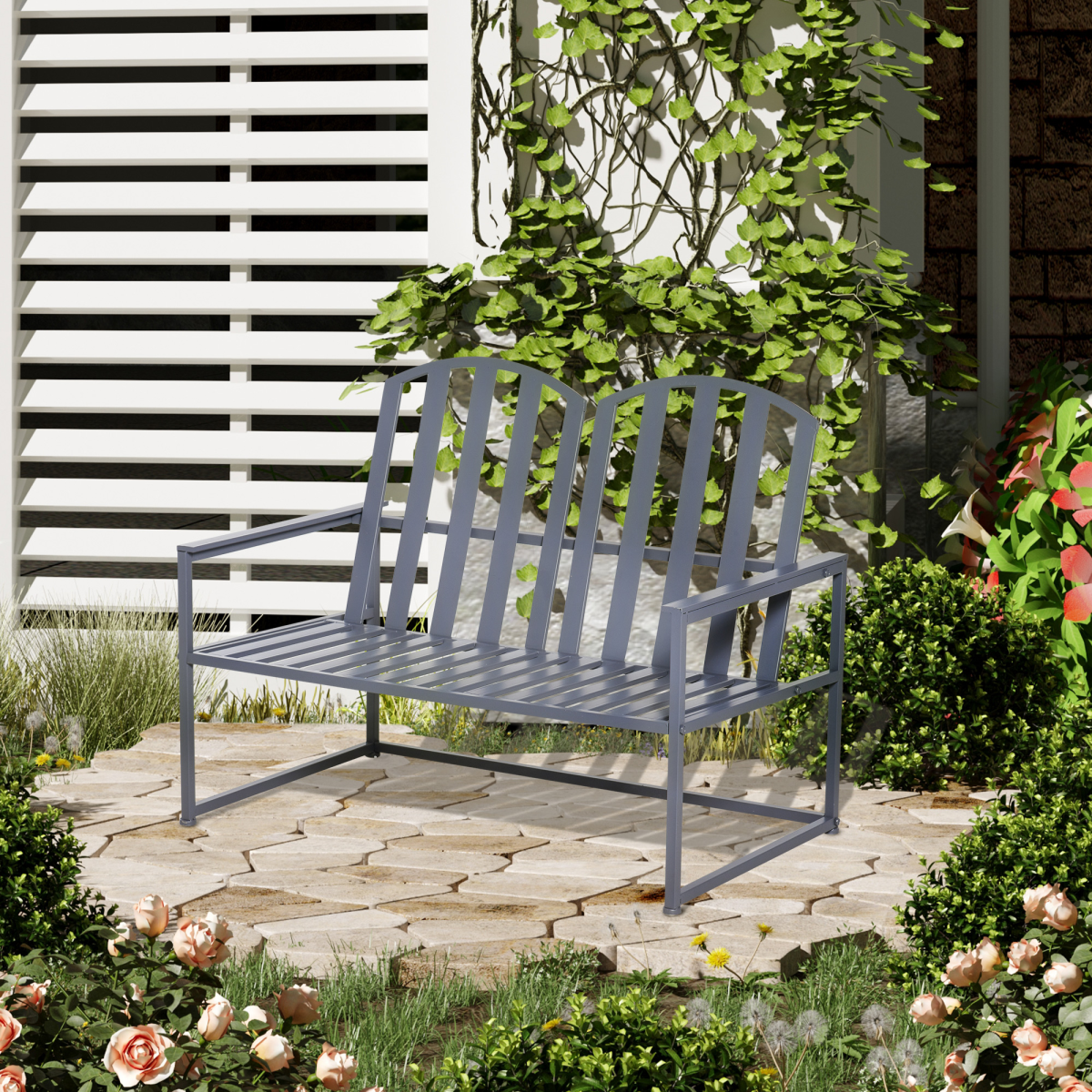 2 Seat Steel Patio Garden Bench Chair Slat Design Backyard Porch