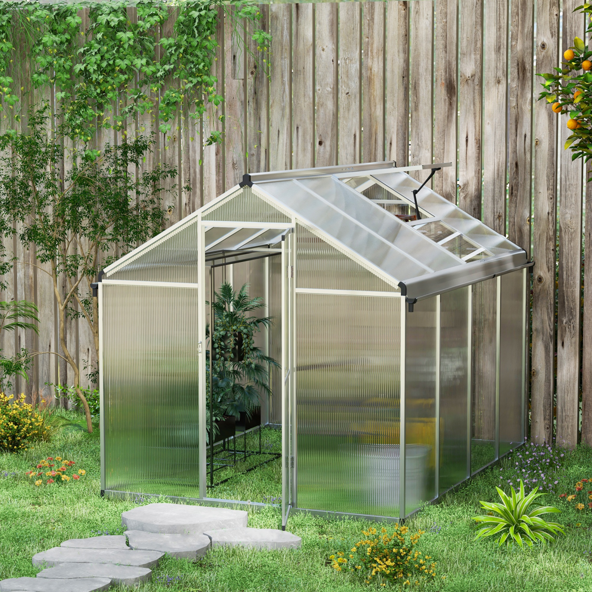 8x6ft Aluminium Greenhouse with/ Door Window Galvanised Base PC Panel