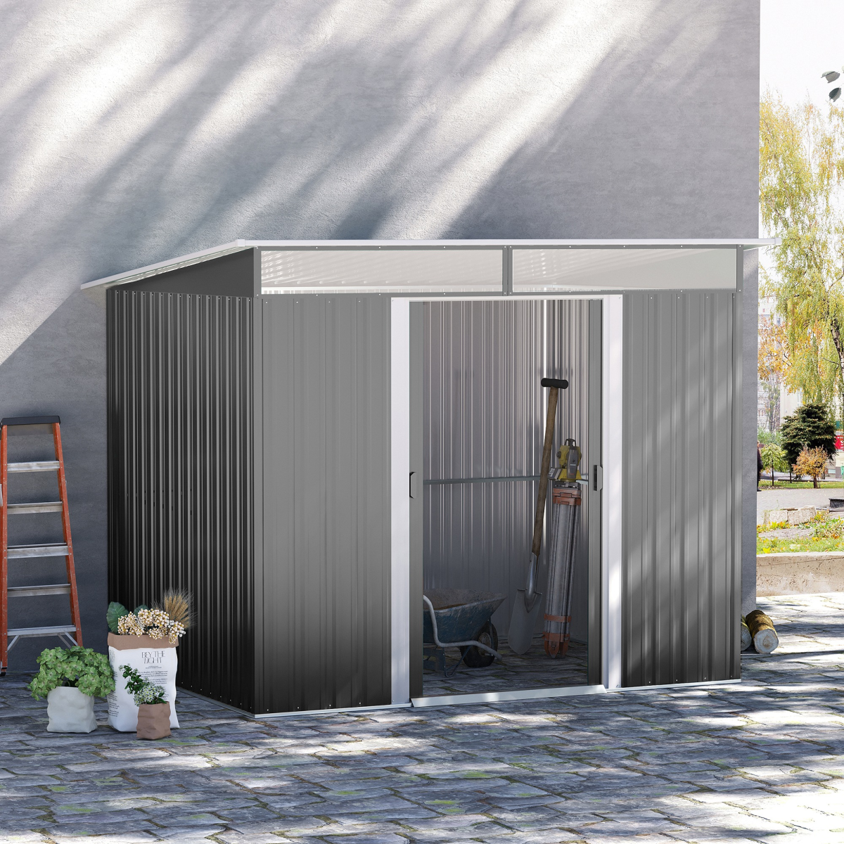 Garden Shed Outdoor Storage Tool Organizer w/ Double Sliding Door Grey