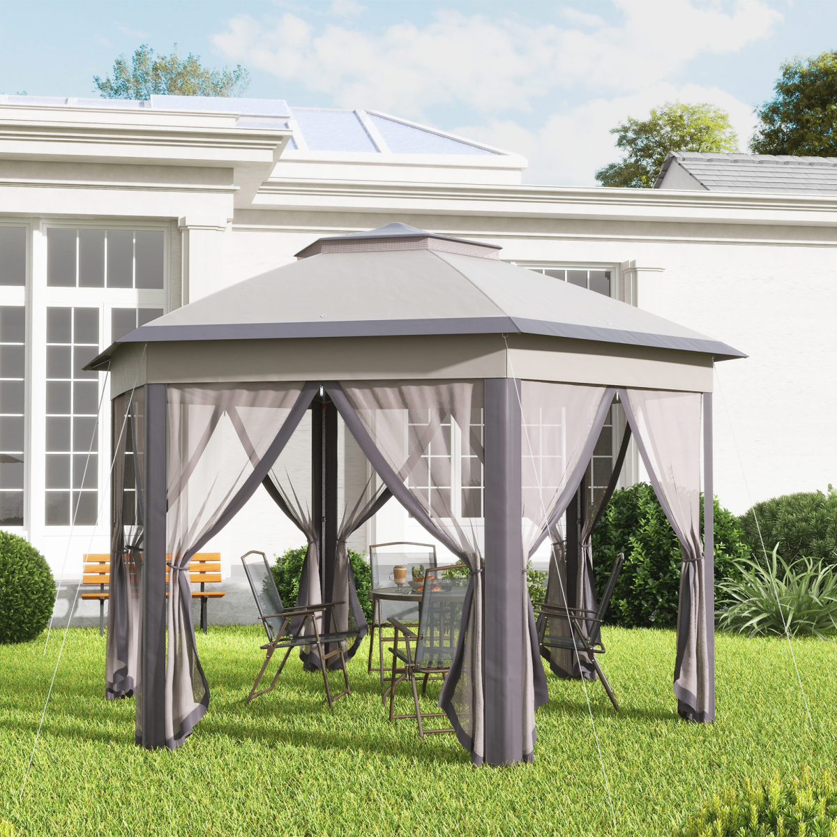 Metal Frame Mesh Draped 2-Tier Roof Gazebo