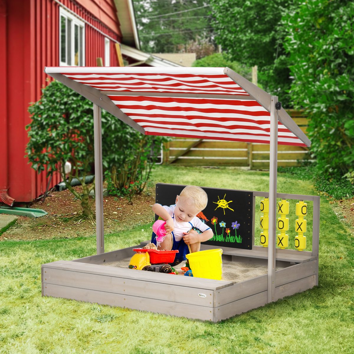 Kids Wooden Sandpit, Sandbox w/ Canopy, Seats, for Gardens - Grey