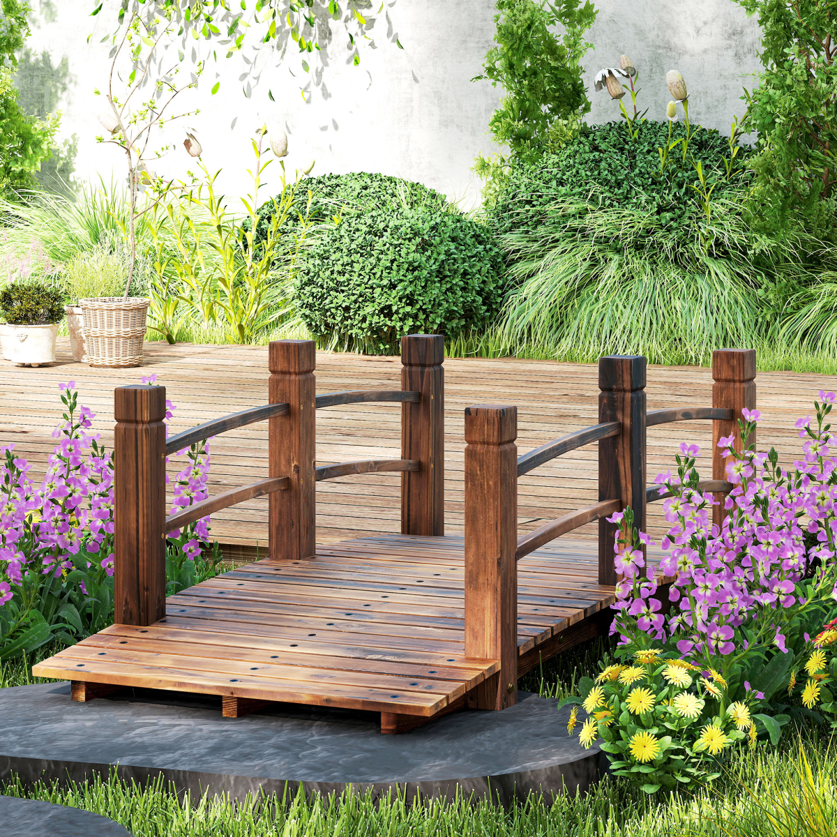 Wooden Garden Bridge Lawn Decor Stained Finish Arc Outdoor Pond Walkway