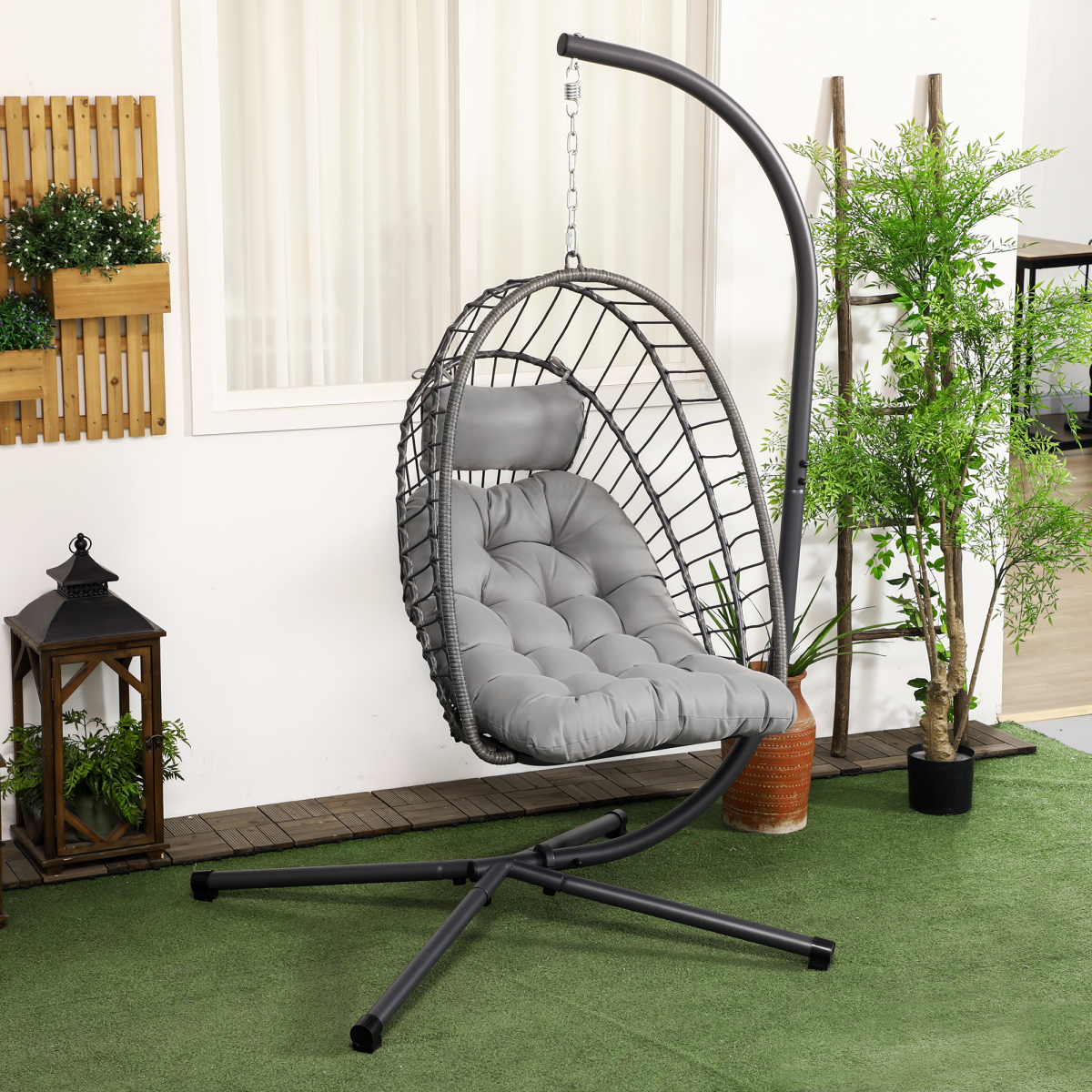 PE Hanging Swing Chair w/ Thick Cushion, Patio Hanging Chair, Grey