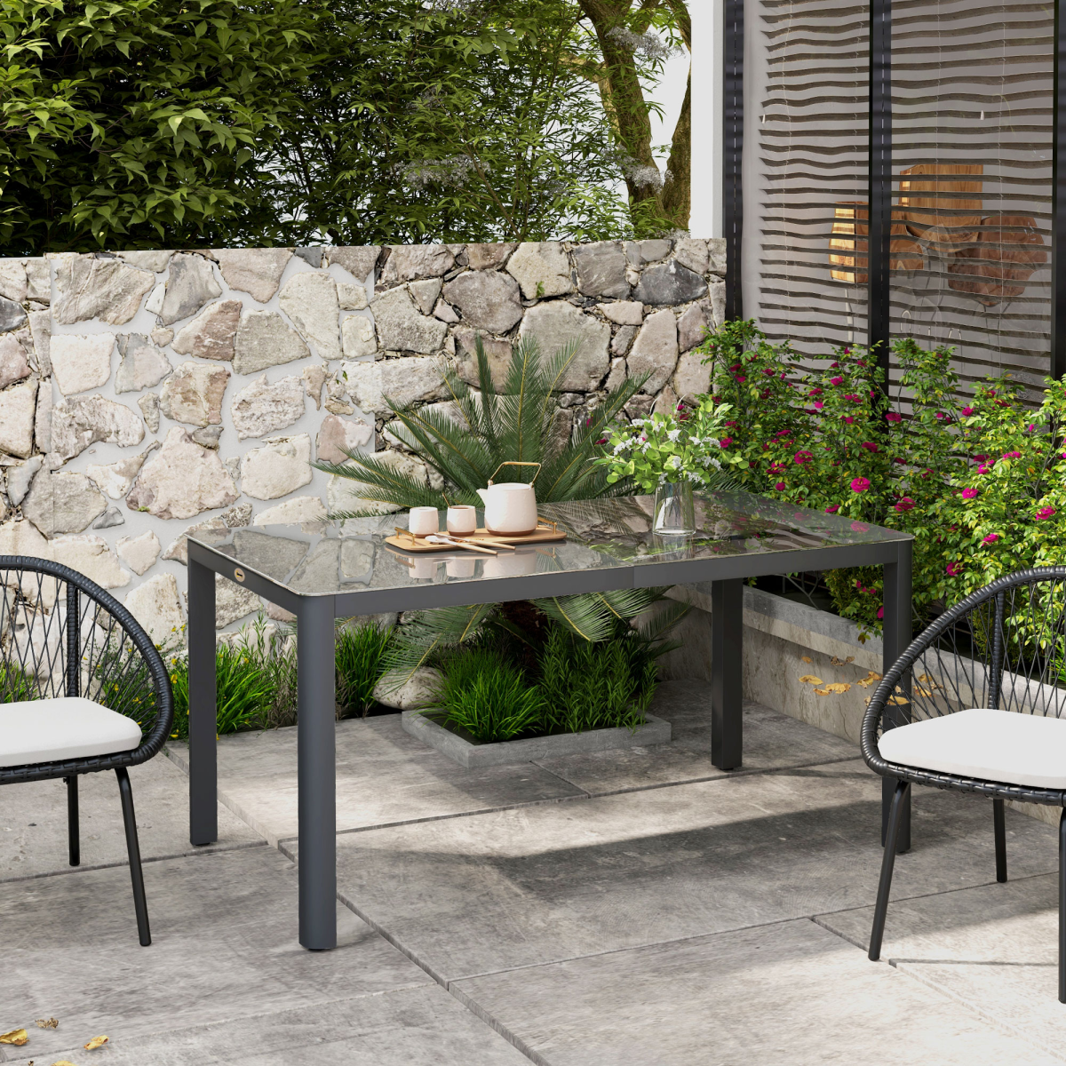 Outdoor Dining Table for 6 with Glass Top, Aluminium Frame, Grey