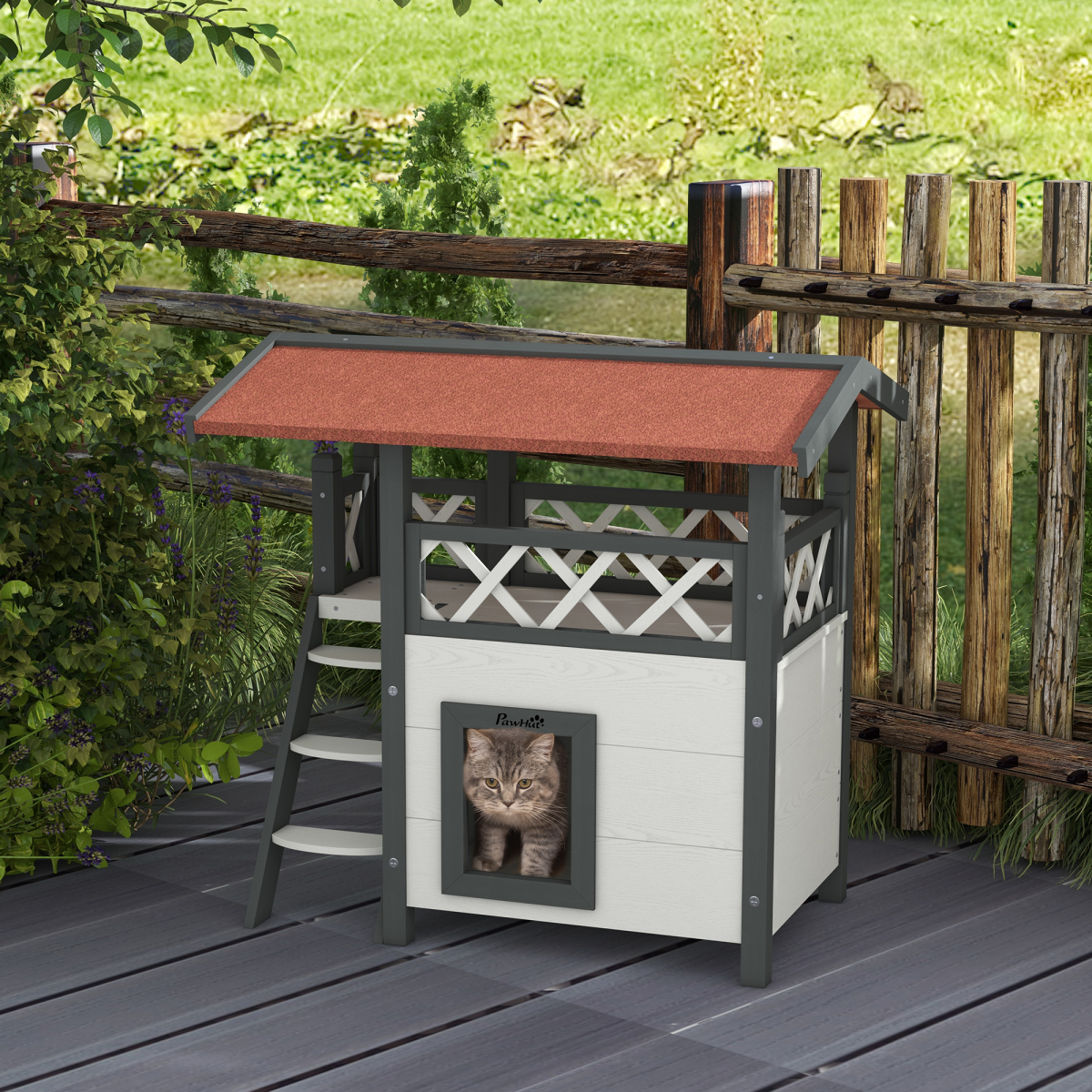 Outdoor Cat House with Balcony Stairs Roof, White