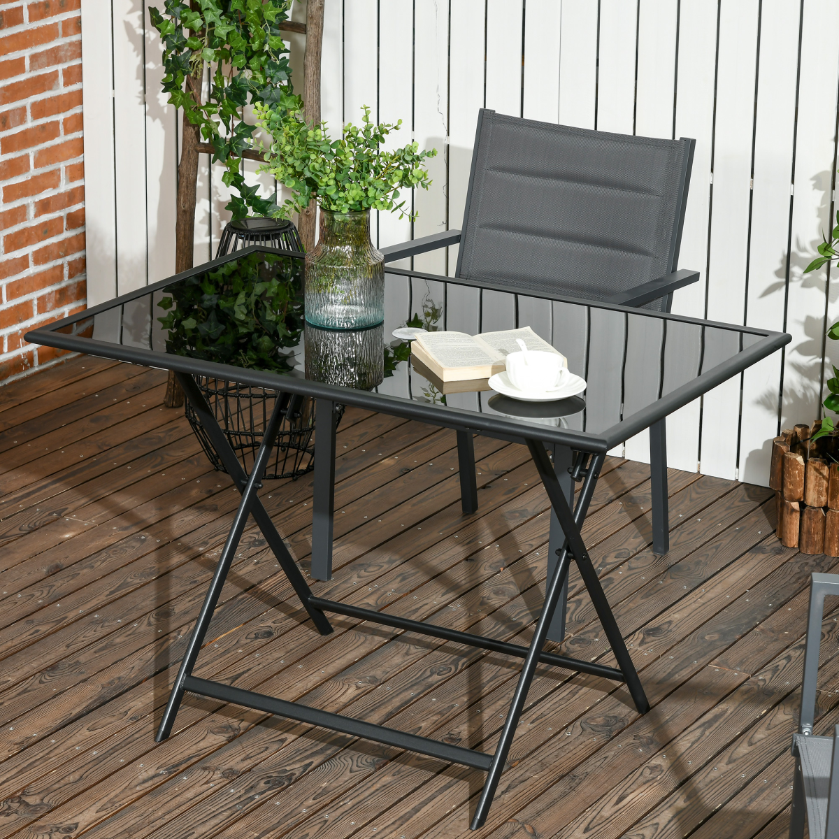 Folding Outdoor Table for 6, Rectangle Glass Top with Parasol Hole 110x70x70cm