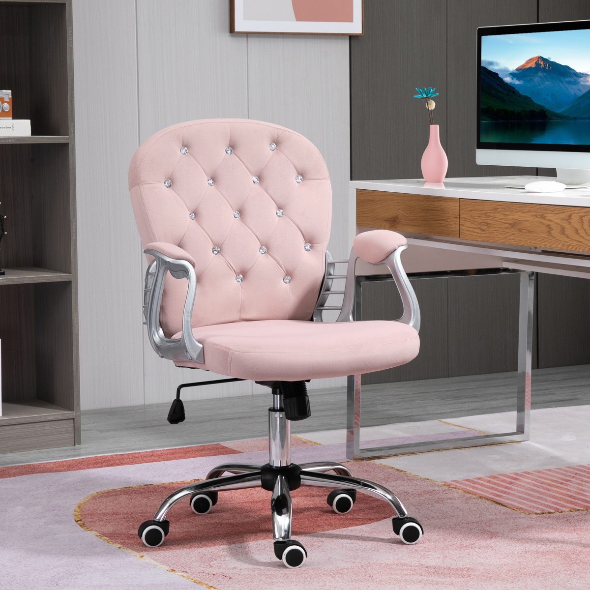 Office Chair Luxury Velour Diamond Tufted Padded Ergonomic 360 Swivel Pink