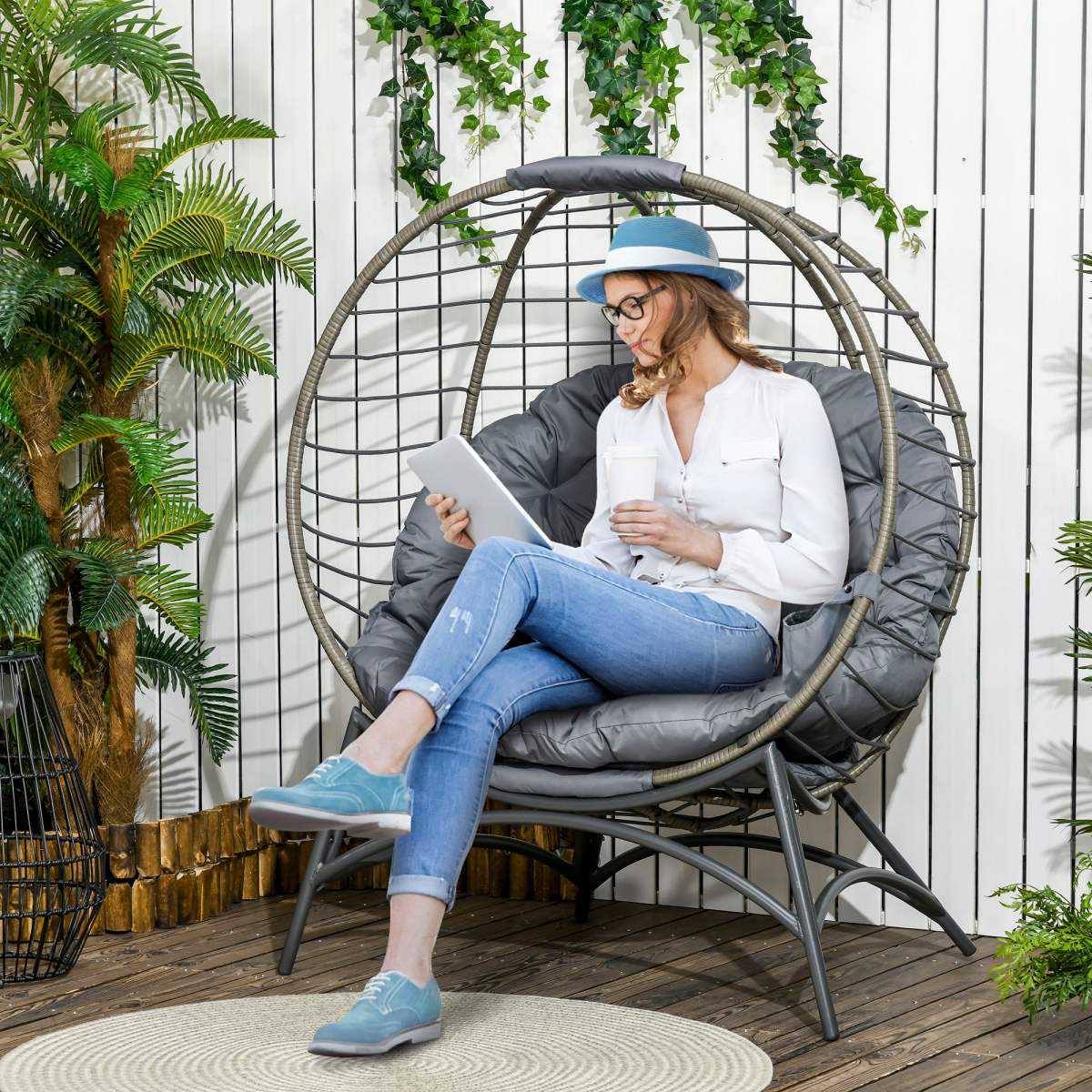 Rattan Egg Chair Wicker Basket Chair with Cushion Bottle Holder Bag