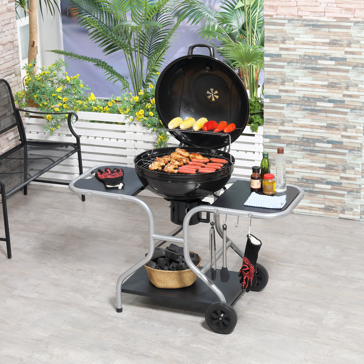 Garden Charcoal Trolley Barbecue Gril lW/Wheels-Black