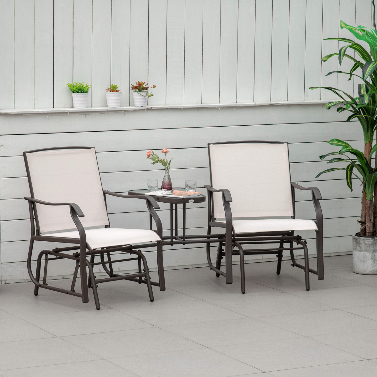 Double Glider Companion Rocking Chairs Loveseat Garden Table Beige