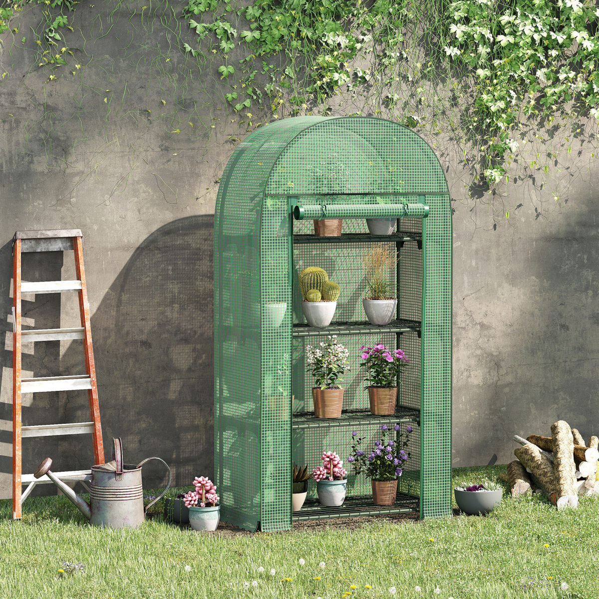 Mini Greenhouse with Storage Shelf, Roll-Up ZipDoorPE Cover, Green