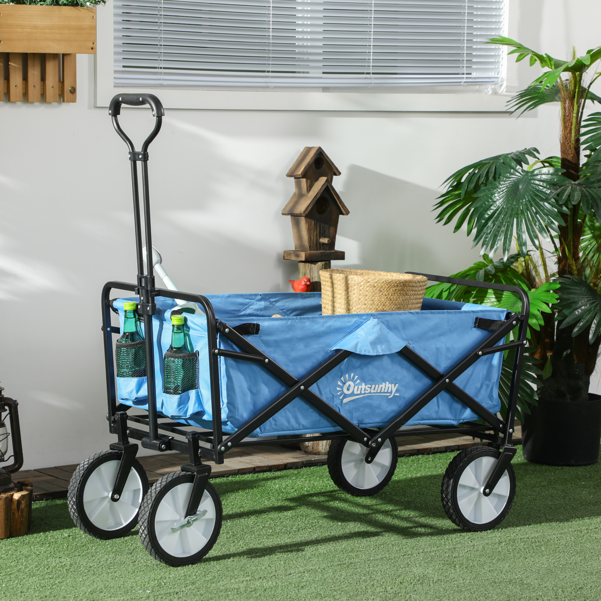 Pull Along Cart Folding Cargo Wagon Trailer Trolley For Beach Garden w/ Handle