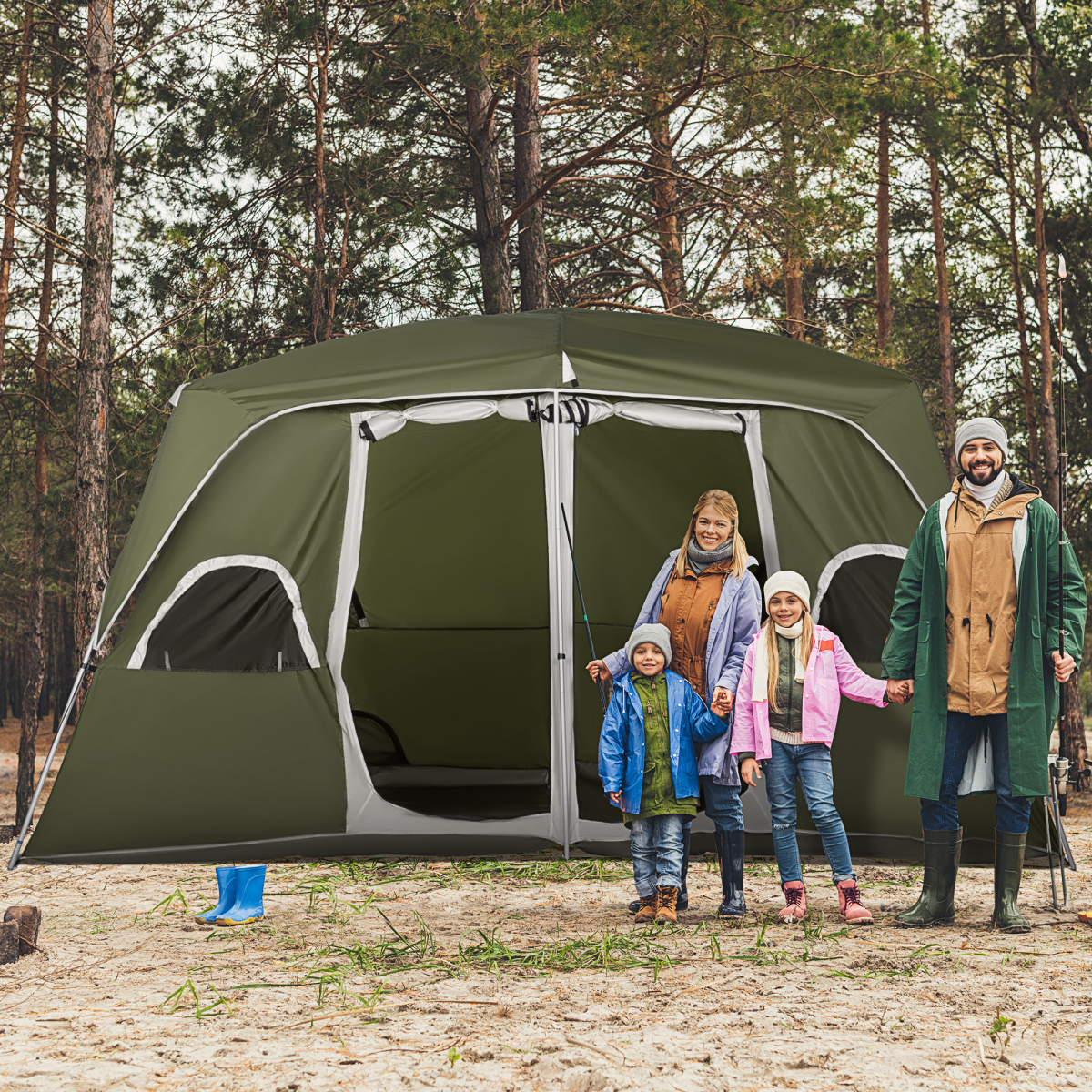 Camping Tent, Family Tent 4-8 Person 2 Room Easy Set Up, Green Outsunny
