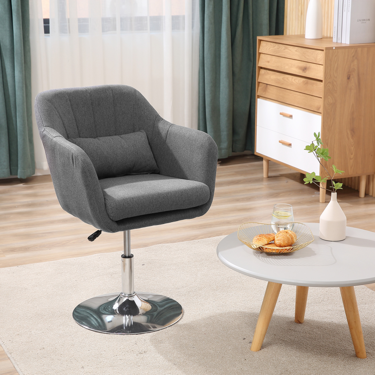 Stylish Retro Linen Swivel Tub Chair Steel Frame Cushion Seat Dark Grey