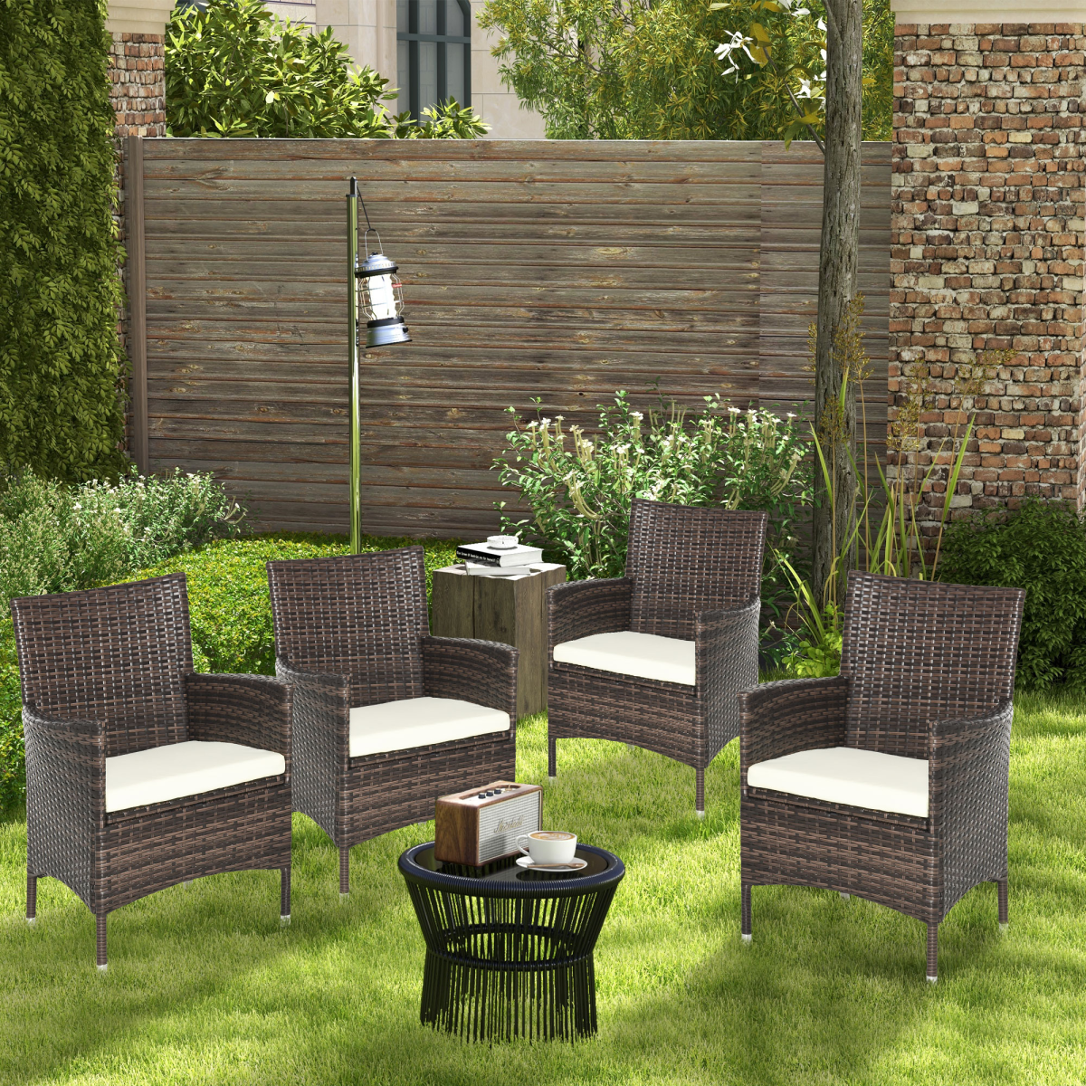 4 PC Outdoor Rattan Armchair Wicker Dining Chair Set for Garden Brown