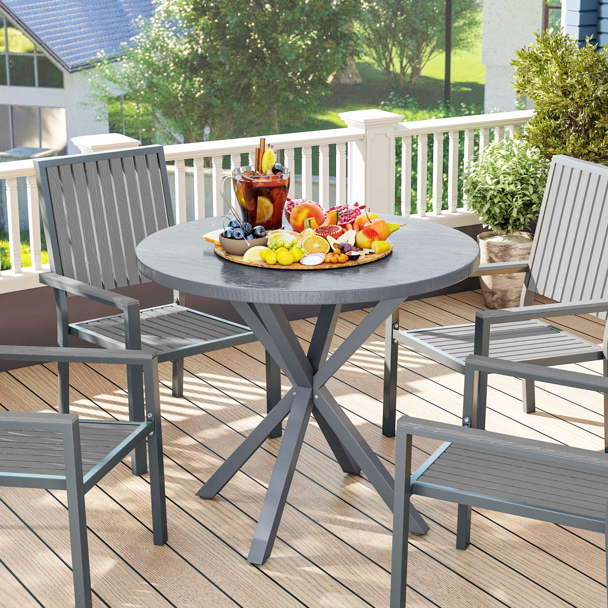 Garden Table with Steel Frame, Wood Effect Top, for Balcony, Deck