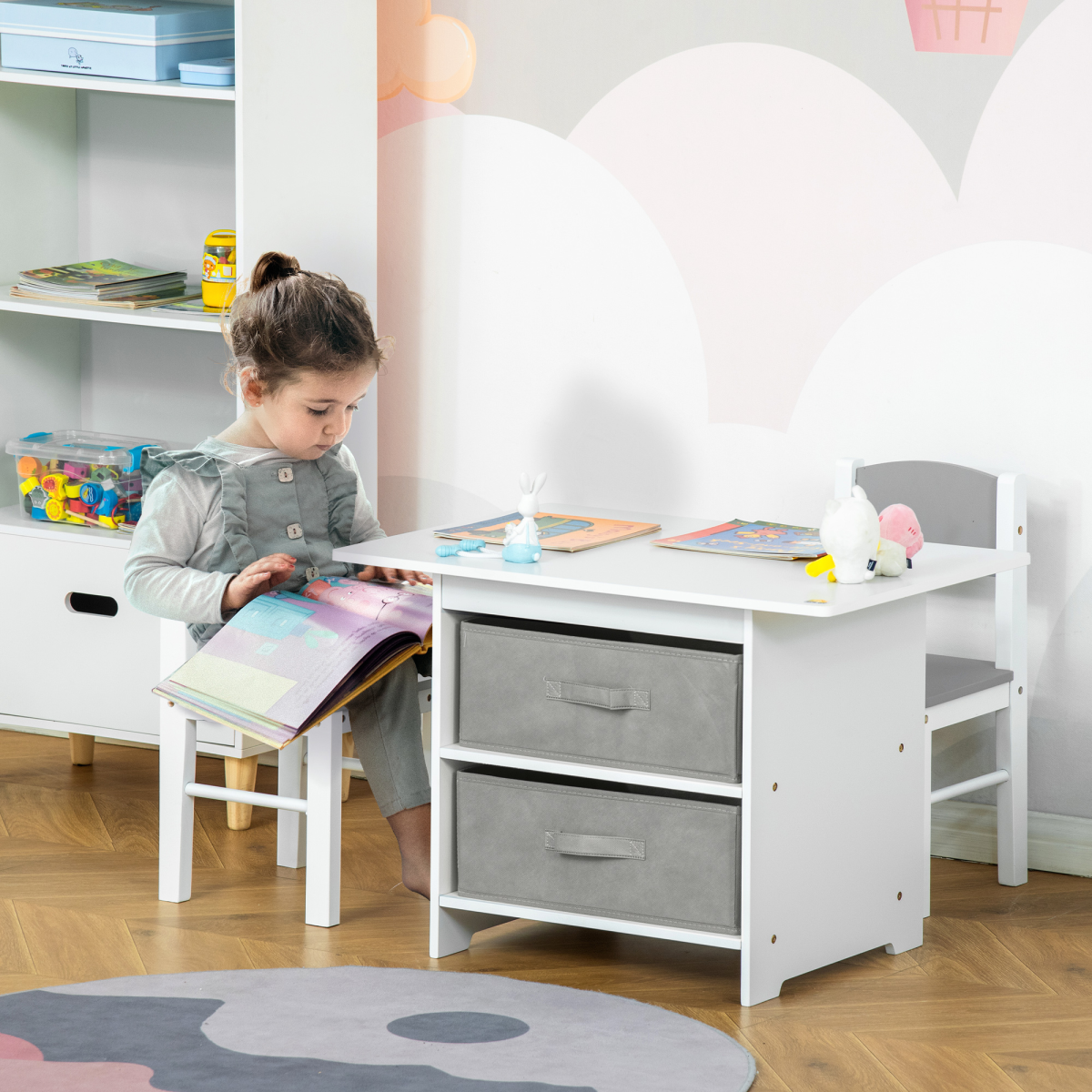 3 Pcs Kids Table & Chairs Set Toddler Furniture Storage Drawers