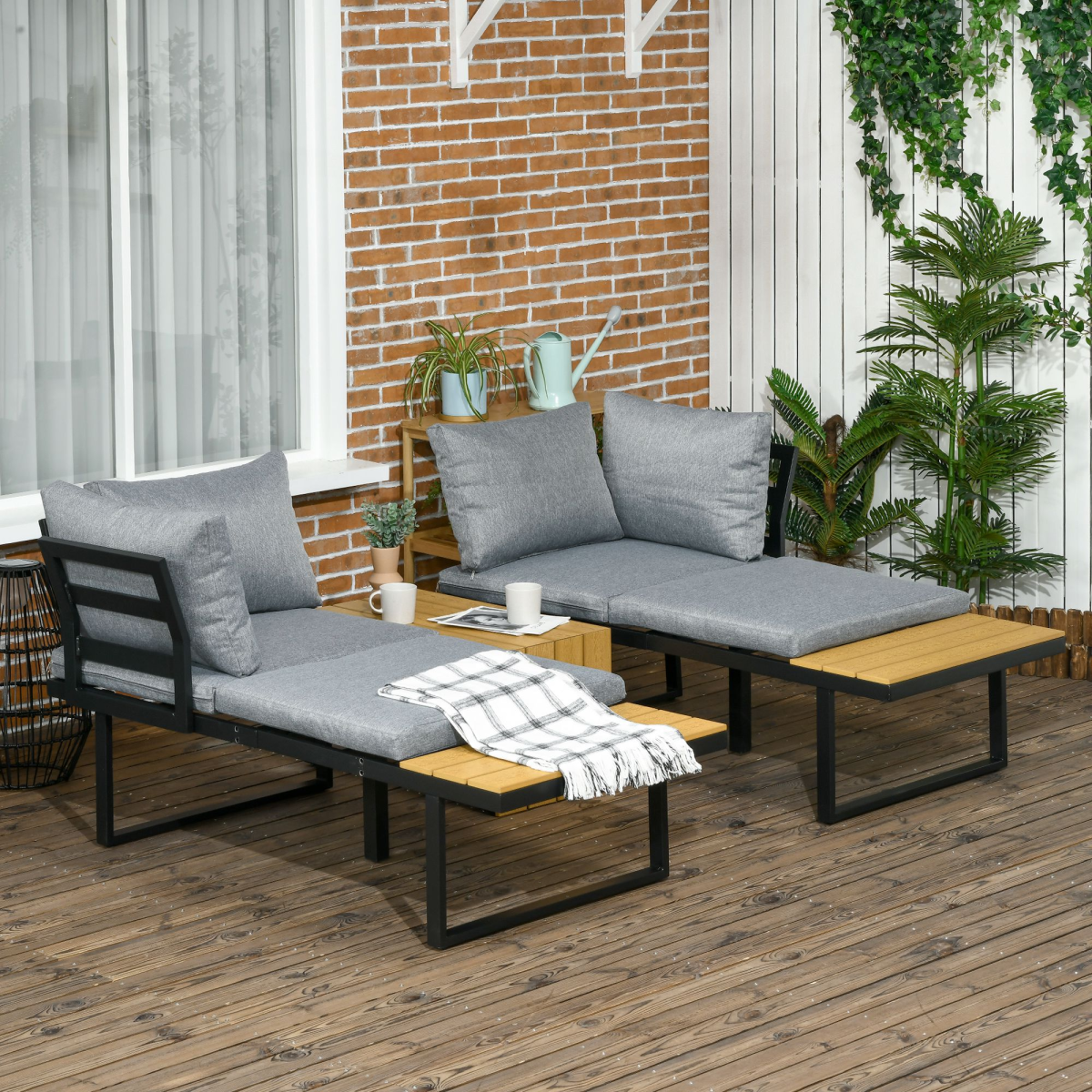 3PCs Patio Furniture Set w/ Cushions, Wood Grain Plastic Top Table