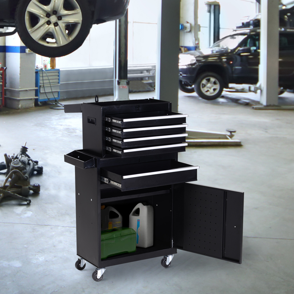 Steel 4-Drawer Duo-Door Rolling Tool Cabinet Tool Chest On Wheels Black