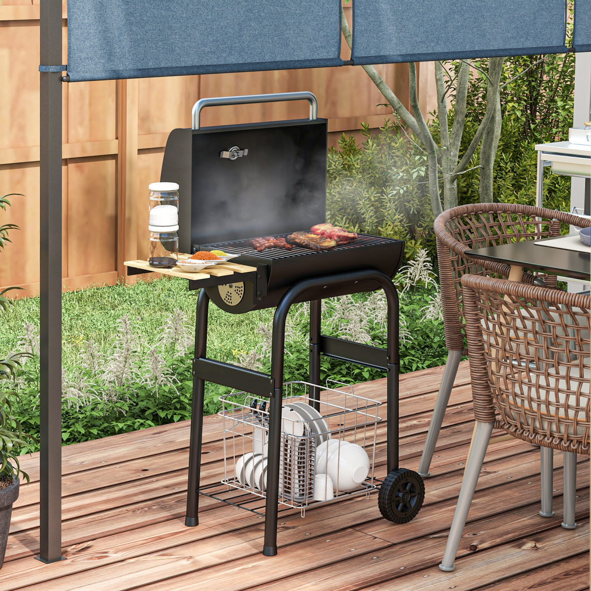 Charcoal Barbecue BBQ Grill Trolley W/ Shelves, Lid and Thermometer
