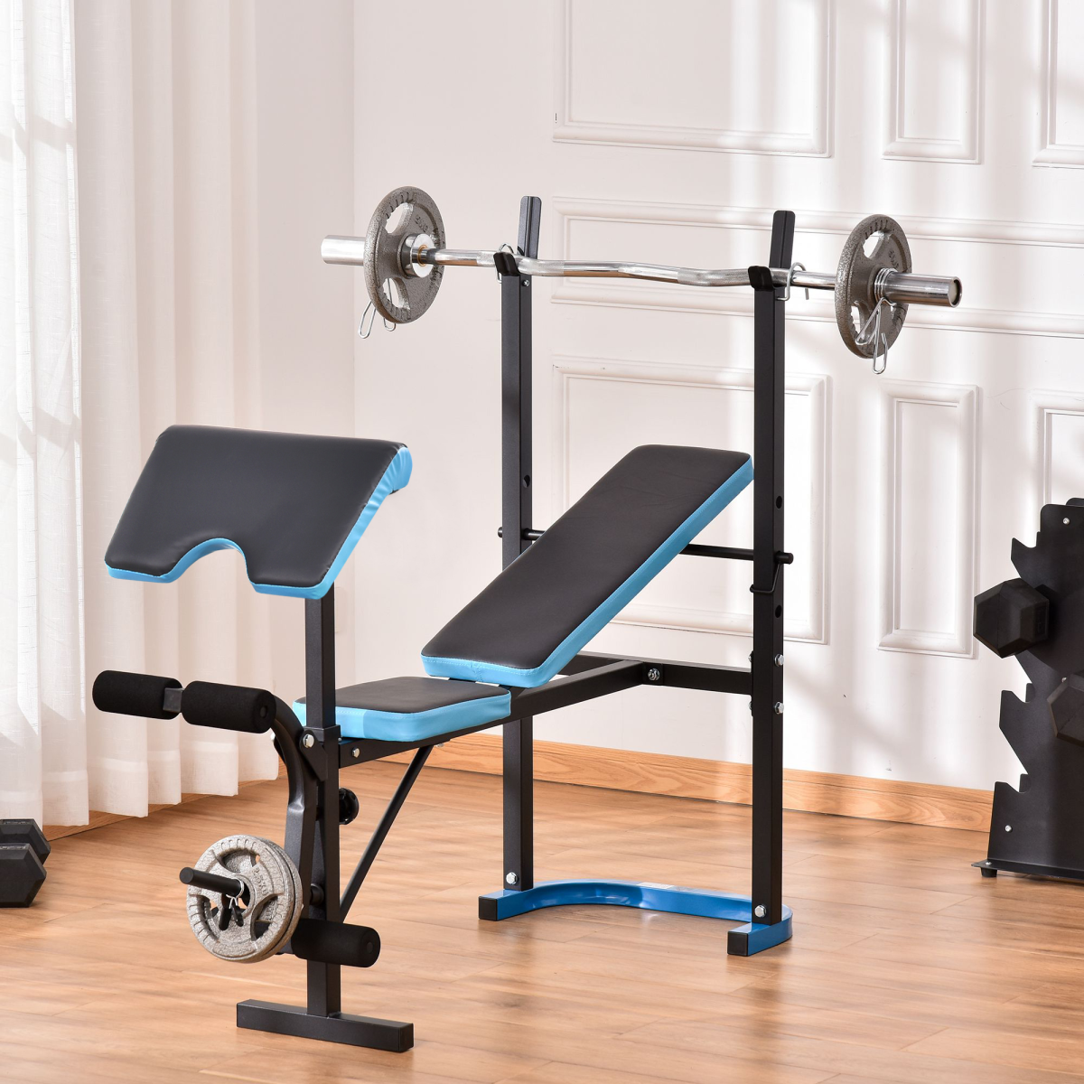 Adjustable Weight Bench with Leg Developer Barbell Rack for Home Gym