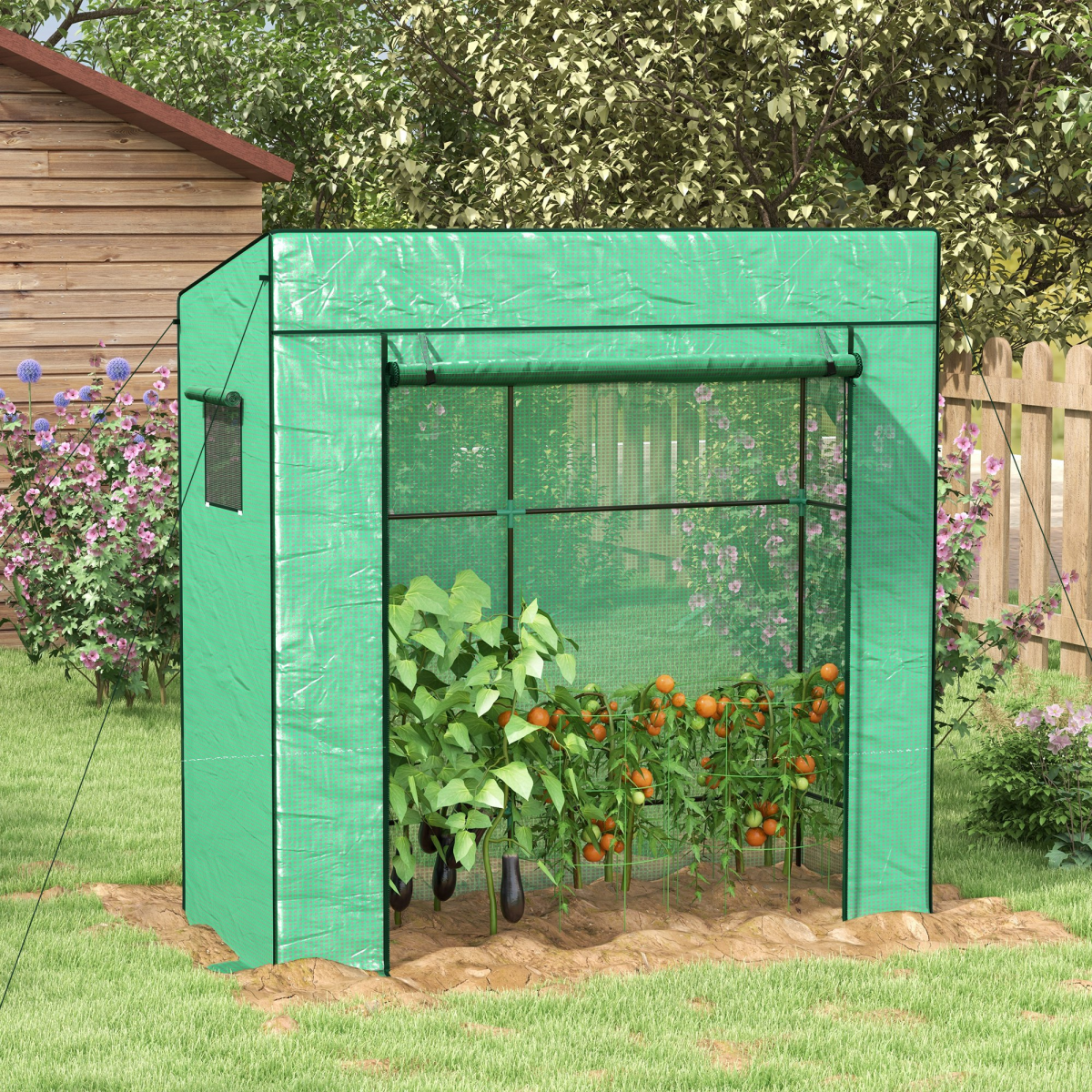 Walk-in Garden Green House with Large Roll-up Door and 2 Mesh Windows
