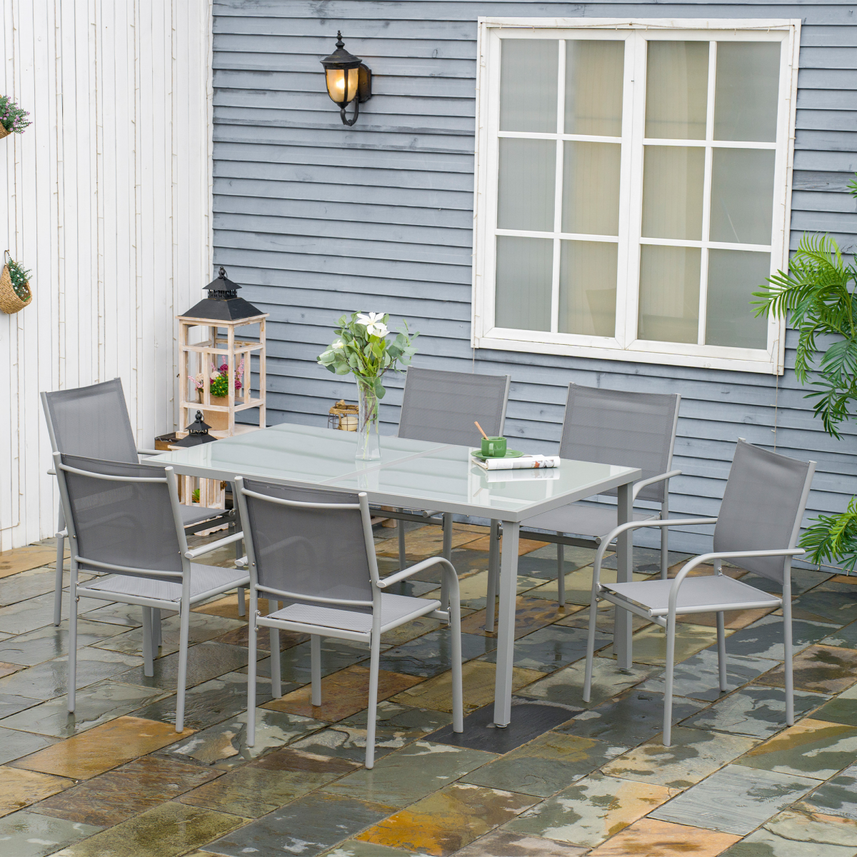 7 Piece Garden Dining Set, Steel Outdoor Table and Chairs, Grey