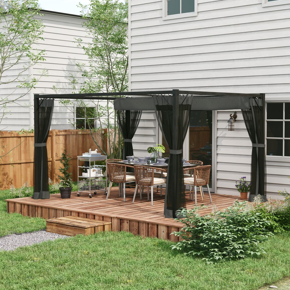 3 x 4m Pergola with Retractable Roof and Netting, Dark Grey