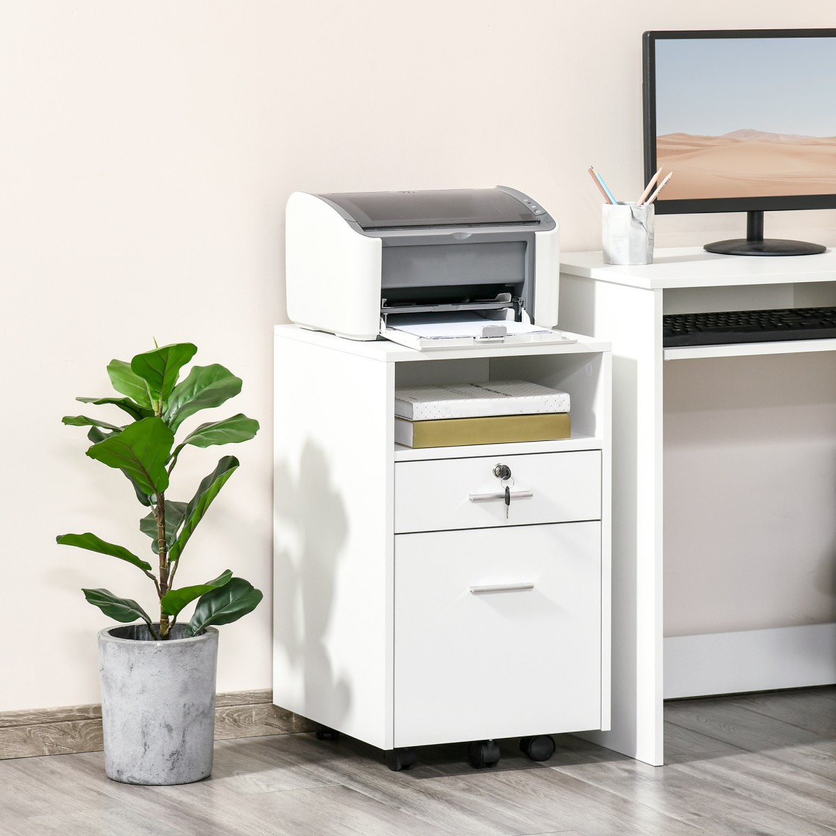 Mobile File Cabinet Lockable Documents Storage w/ 5 Wheels White