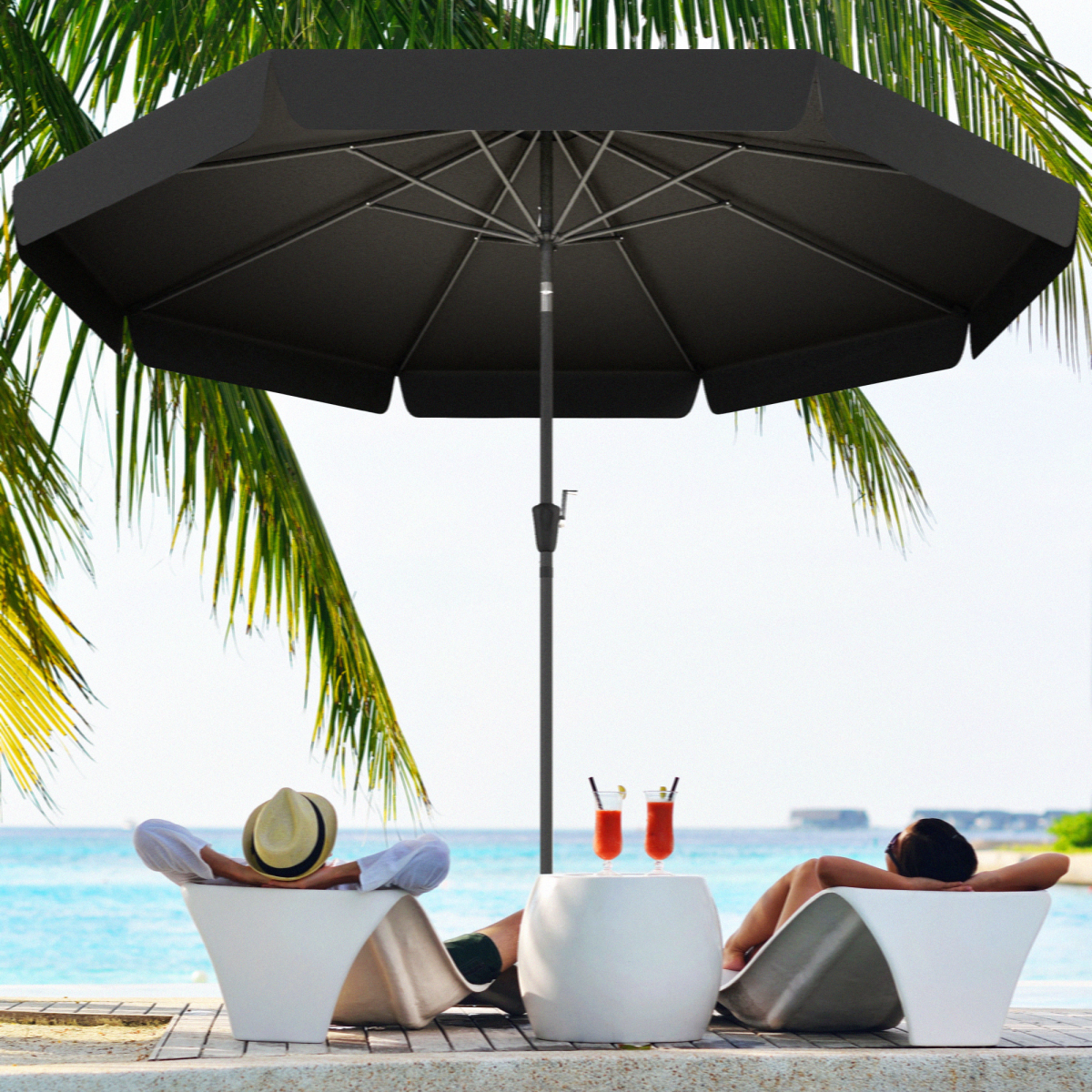2.7m Patio Umbrella Garden Parasol with Crank, Ruffles, 8 Ribs, Black