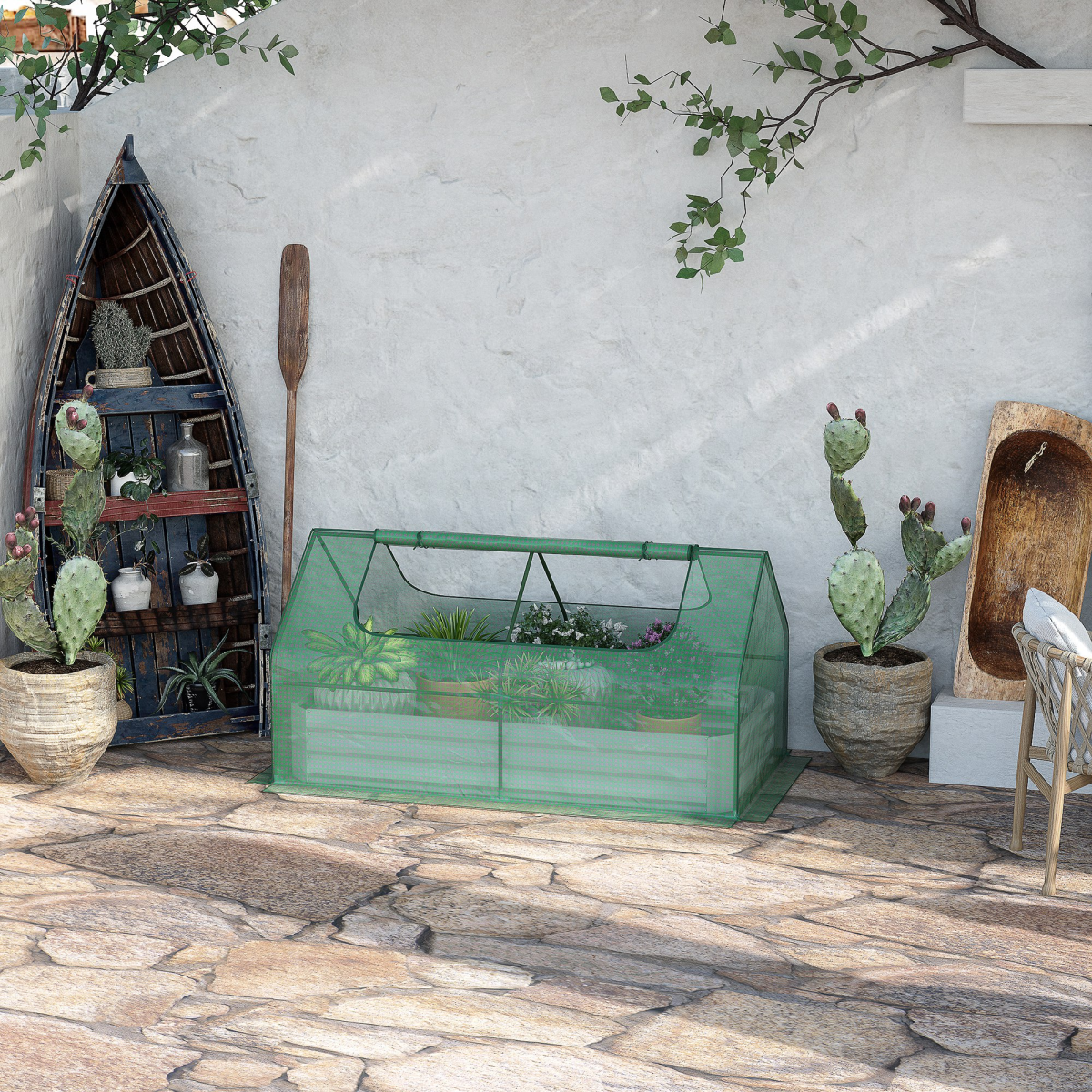 Raised Garden Bed Planter Box with Greenhouse, Large Window, Green