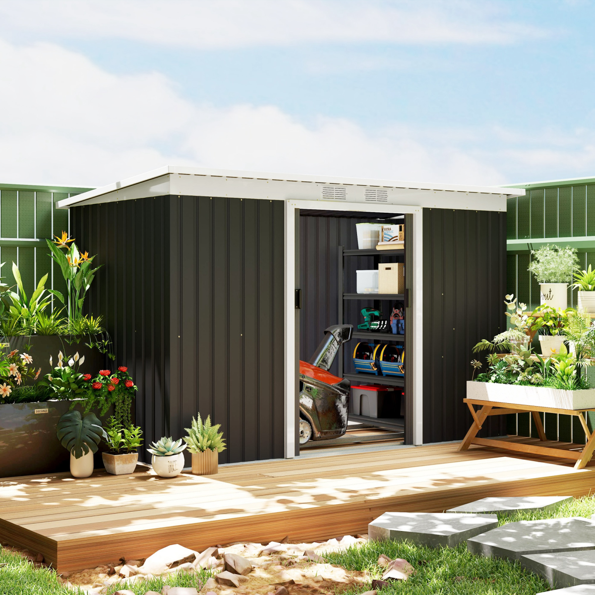 Outdoor Garden Storage Shed w/ 2 Door Galvanised Metal Grey 9 x 4FT