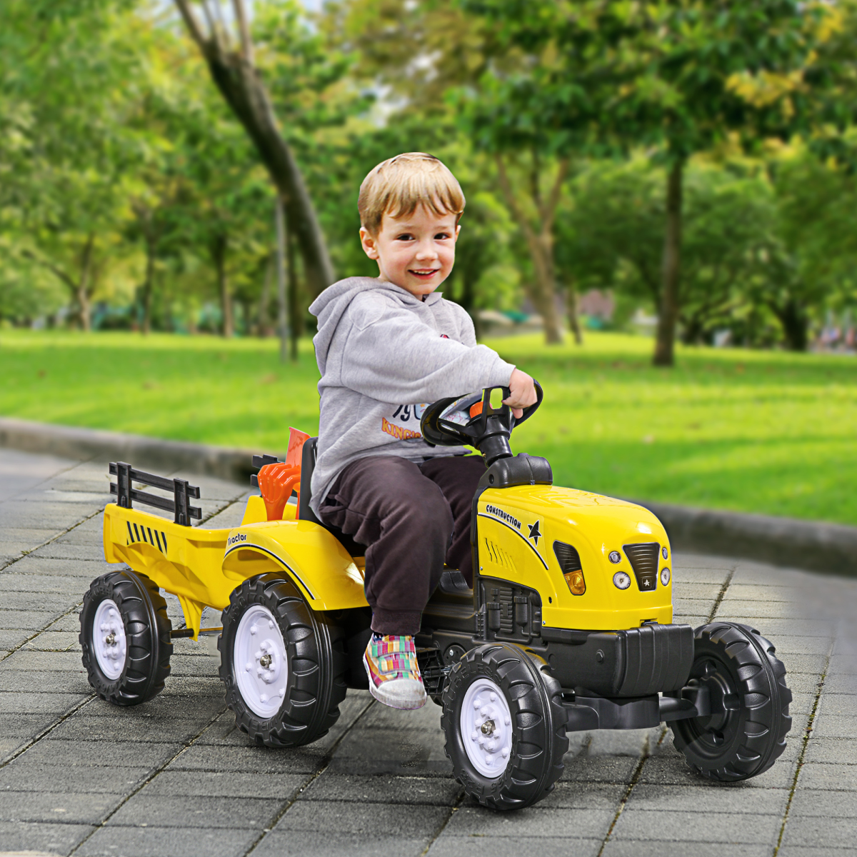Pedal Go Kart Ride on Tractor with Shovel & Rake Four Wheels Child Toy