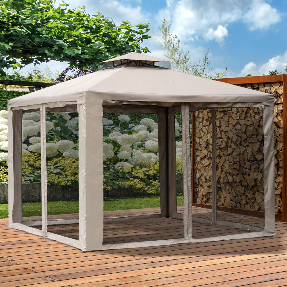 Outdoor Gazebo, 2-tier Roof W/Netting, 295L x 295W x 263Hcm-Taupe