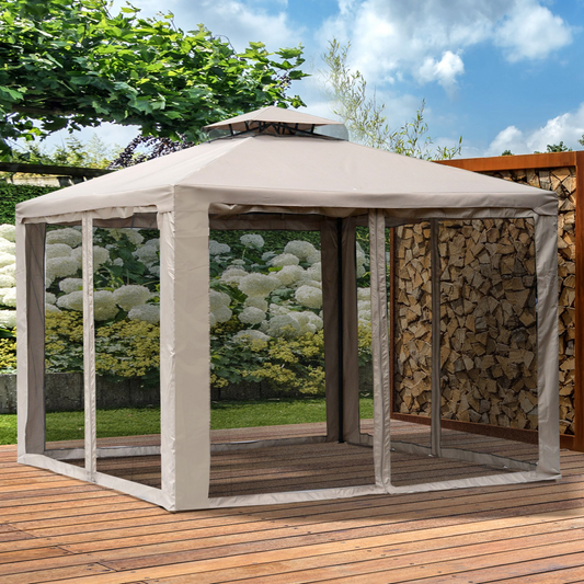 Outdoor Gazebo, 2-tier Roof W/Netting, 295L x 295W x 263Hcm-Taupe