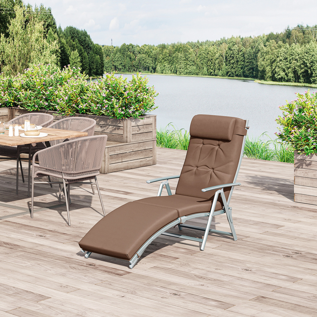 Steel Frame Outdoor Garden Padded Sun Lounger w/ Pillow Brown