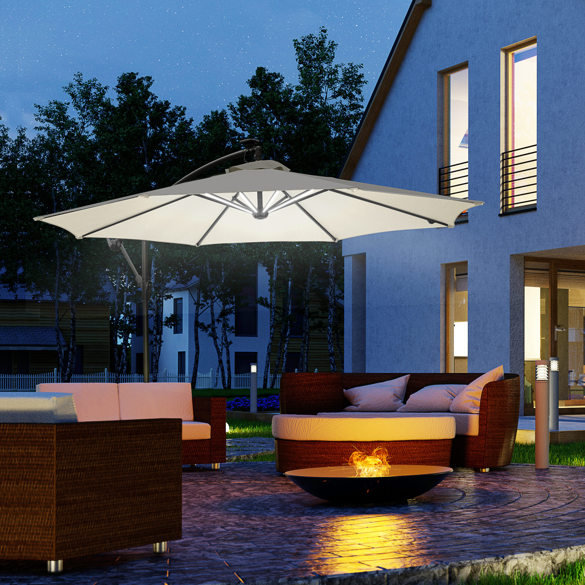 Umbrella Parasol W/Solar Powered LED stripes, 2.95x2.45H m-Cream