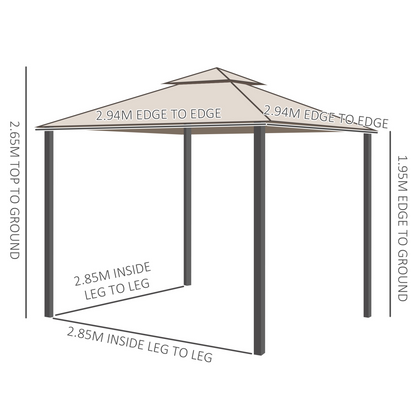 Outdoor Gazebo, 2-tier Roof W/Netting, 295L x 295W x 263Hcm-Taupe