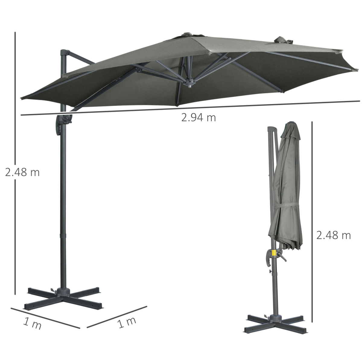 3 x 3(m) Cantilever Parasol Garden Umbrella with Cross Base Grey