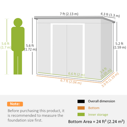 7 x 4ft Dark Grey Metal Garden Storage Shed with Double Doors and Foundation