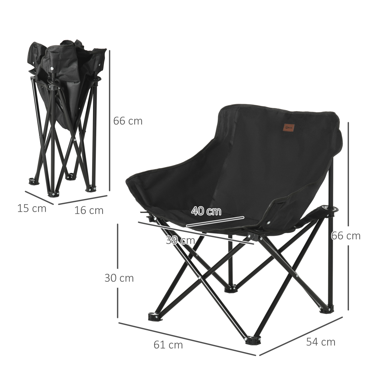Folding Camping Chair with Carrying Bag and Storage Pocket, Black