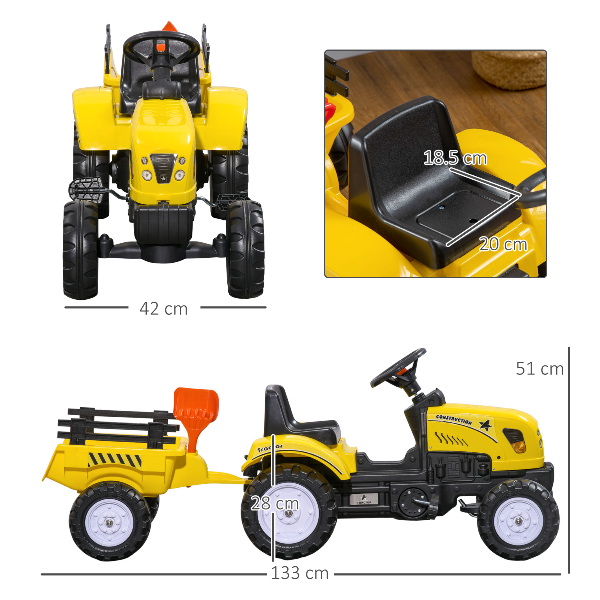 Pedal Go Kart Ride on Tractor with Shovel & Rake Four Wheels Child Toy