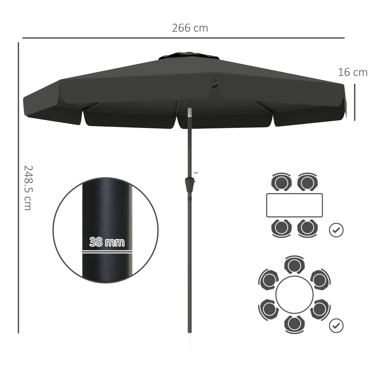 2.7m Patio Umbrella Garden Parasol with Crank, Ruffles, 8 Ribs, Black