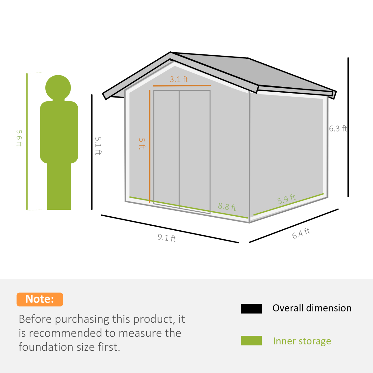 Measurement chart of a storage shed with dimensions and a person for scale.