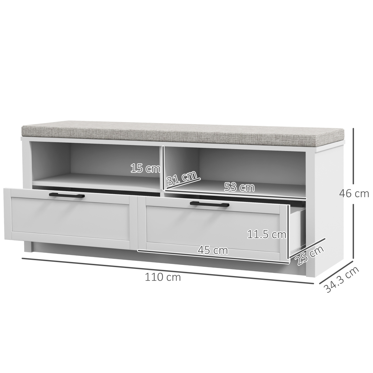 Shoe Bench with Removable Cushion, Open Compartments and Drawers