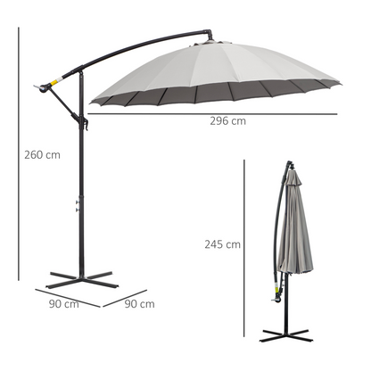 3(m) Cantilever Shanghai Parasol w/ Crank Handle, Cross Base, Grey Outsunny