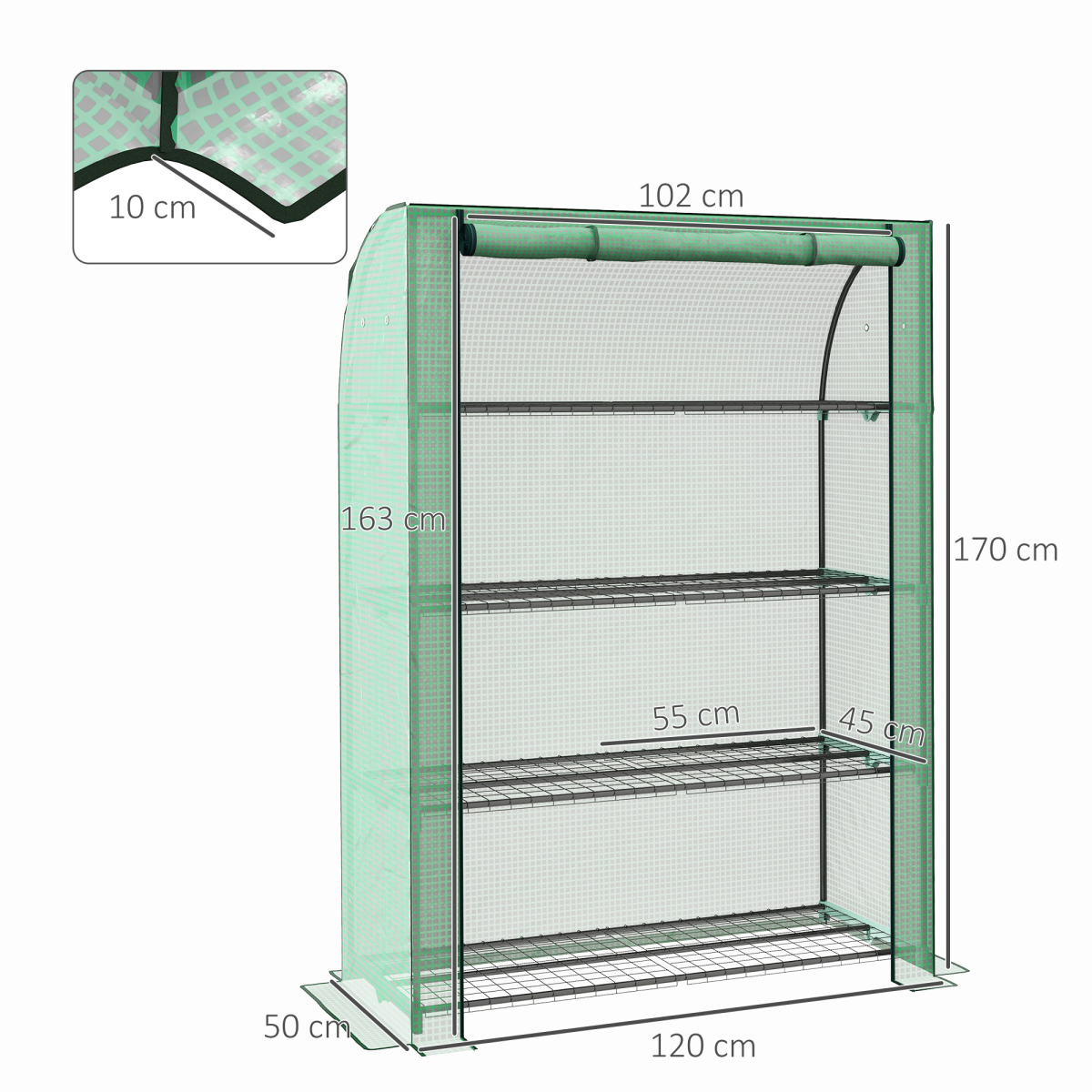 Mini Green House with 4 Tier Shelves, 170H x 120W x 50Dcm, Green